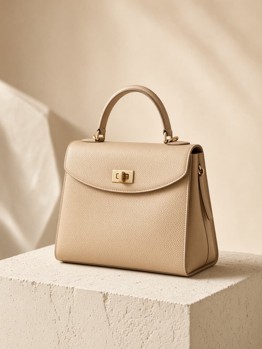 Placeholder photograph of a beige structured handbag
