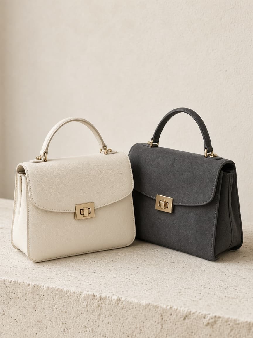 Placeholder still life of two handbags on pale stone
