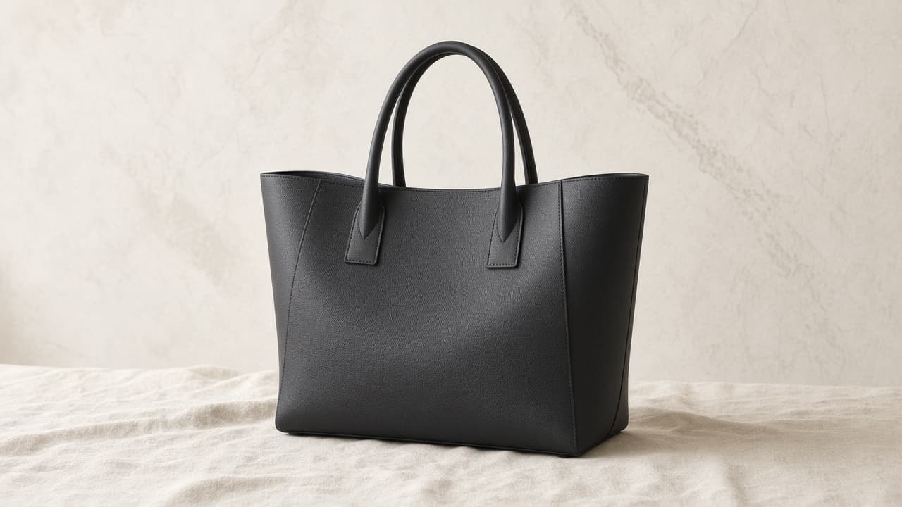Placeholder editorial photograph of a black leather tote on ivory linen